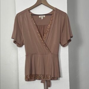Monteau Brown Wrap Blouse with Lace Trim